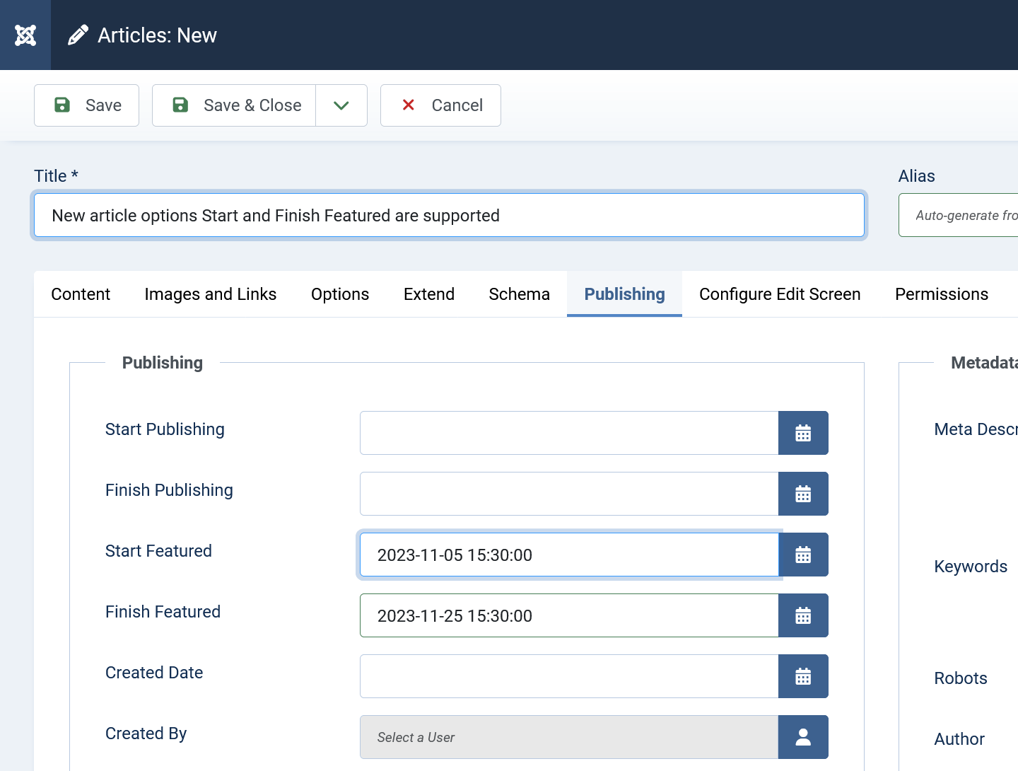 New article options Start and Finish Featured are supported